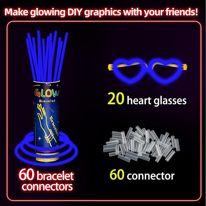 60 Pack 8??Blue Glow Sticks Bulk Bright Glow Sticks with 60 Connectors 20 Heart Glasses Glow In The Dark Party Supplies Neon Party Decorations Glow Bracelet Glasses for Holiday Carnival (Blue)