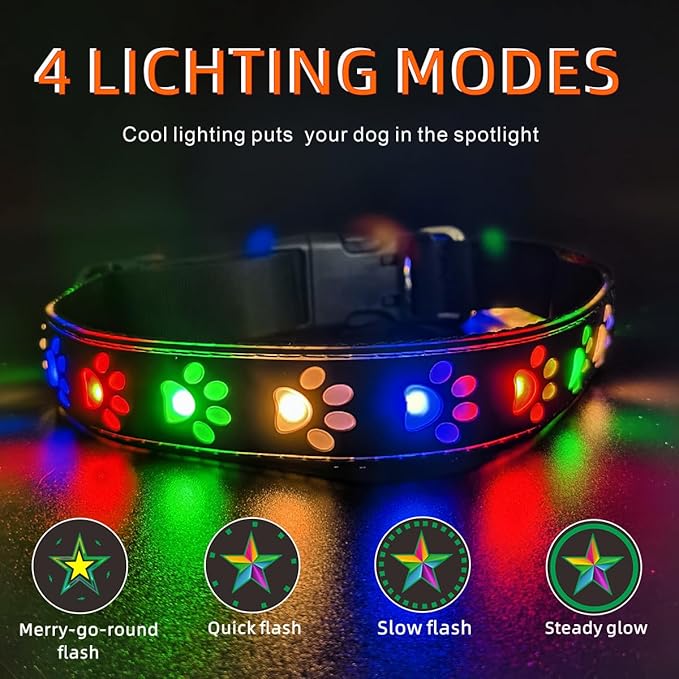 LED Light Up Dog Collar, USB-C Rechargeable, Multicolor Paw Print Design, 15 Modes Lighting Night Safety (Black Pro, L(15.7-19.7"))