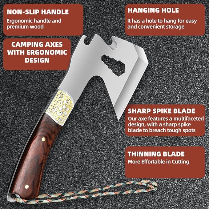 Camping Hatchet Camping Axe Forged High Carbon Steel for Meat Cleaver Axe Outdoor Splitting Wood Great for Axe Throwing, Camping, Survival, Outdoors and Chopping (734F)