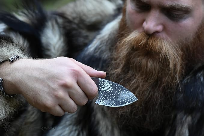 VikingsBrand Norse Viking-styled Knife Hand Forged - Viking Gifts for Men - Valknut - Genuine Leather Sheath - Nordic Knife for Hunting (Valknut - 5.7in)