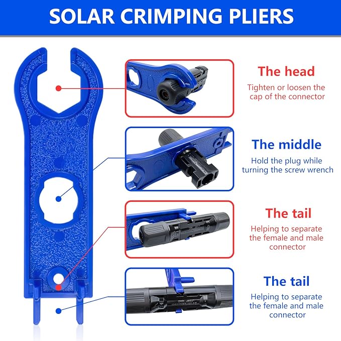 Solar Panel Connector, 60PCS Solar Crimper Tool Kit for Connecting Solar Panel Cable Wire, Solar Connector Kit with 30 Pairs Male/Female Solar Connectors, 1PCS Solar Crimper, 2 PCS Spanner Wrench