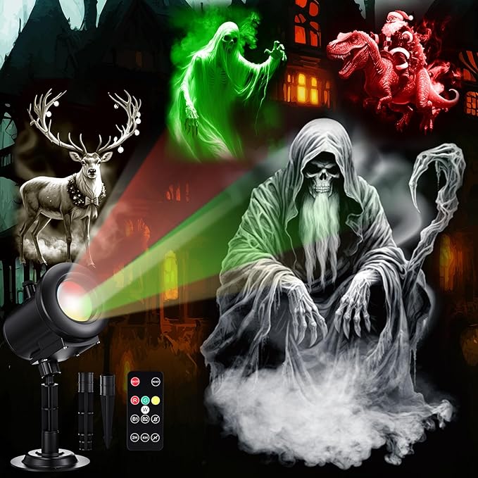 12 in 1 Halloween Projector Outdoor Decorations Christmas Projector Lights HD Patterns, 3D Effect, 4 Colors with Remote Waterproof for Window Wall Indoor Holiday Supplies