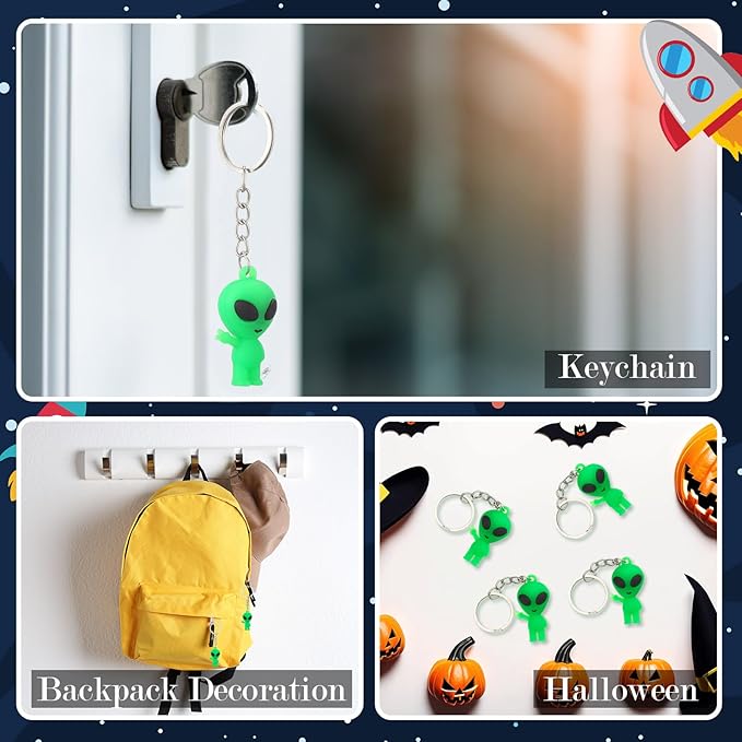 12 Pcs Alien Party Favors Alien Keychains Glow in The Dark Space Keychain Mini Aliens Figures Little Bulk Gift Prizes Goodie Bag Piñata Halloween Stuffers for Music Festival Easter (Green)