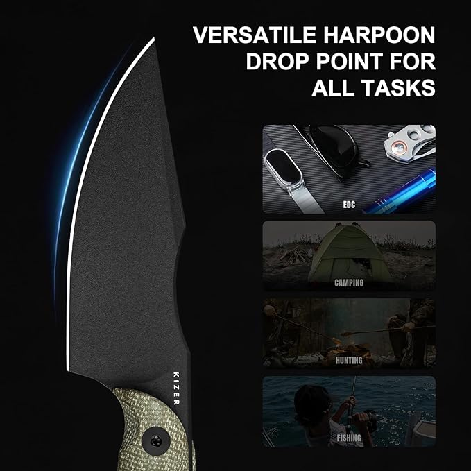 Kizer Harpoon Fixed Blade Knife with Sheath, 3.88??D2 Fixed Blade EDC Knife with Micarta Handle for Hunting, Camping, Hiking, Survival 1040M4
