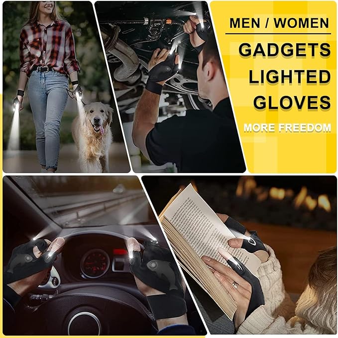 LED Rechargeable Flashlight Gloves, Gifts for Men, for Dad, Cool Stretchy Fingerless Light Gloves Gadget for Repairing Fishing Camping and Car Repairing, 1 Pair