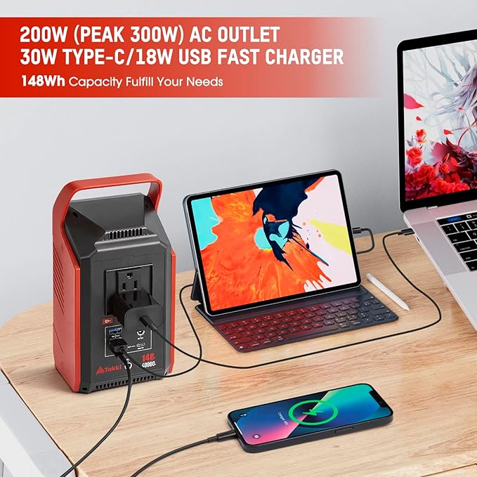 Takki 200W Portable Power Station, 148Wh Camping Solar Generator with Flashlight Peak 300W 110V AC Outlet DC USB Ports Battery Backup for Camping Gear CPAP Home Laptop Emergency
