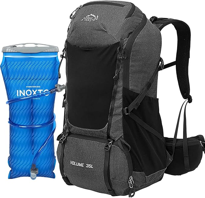 INOXTO 35L Hiking Backpack with 3Lwater bladder, Camping Backpack with Waterproof Rain Cover for Men, Outdoor Sport Travel Daypack for Climbing (Black grey)