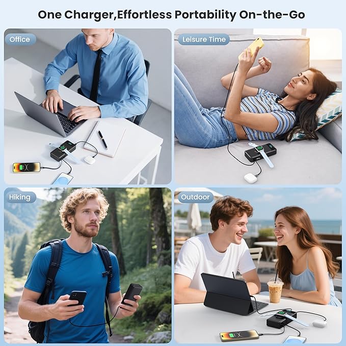 5-in-1 Portable Charger for iPhone,40800mAh Power Bank Built-in Retractable Cable and iWatch Charger,25W PD QC4.0 Fast Charging Battery Pack,Travel Essential Charger for iPhone 17/Air/16,Android,Black