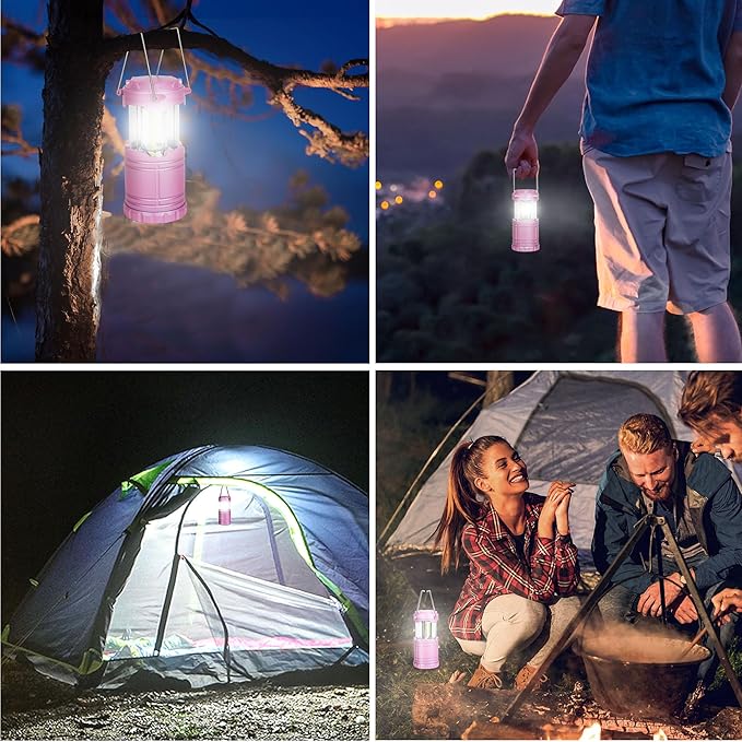 4-Pack LED Pink Camping Lanterns, Portable Camping Lights, Outdoor Handled Lamps, Essential Emergency Lights for Power Outages, Hiking, Hurricane