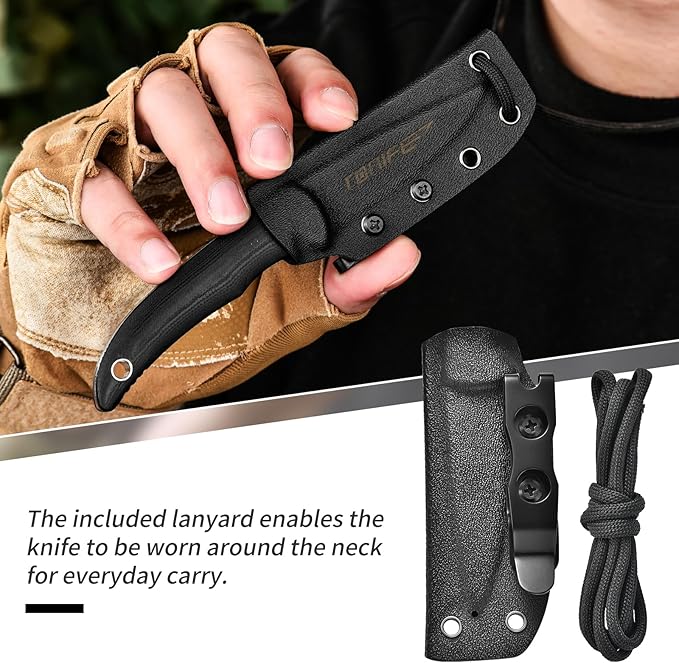 TONIFE Nova 2.68'' Blade Mini Neck Knife Full Tang Fixed Blade Knife with Kydex Sheath and Adjustable Paracord Lanyard for Camping Outdoor Survival Tool (Black+Black Oxide then Stonewash)