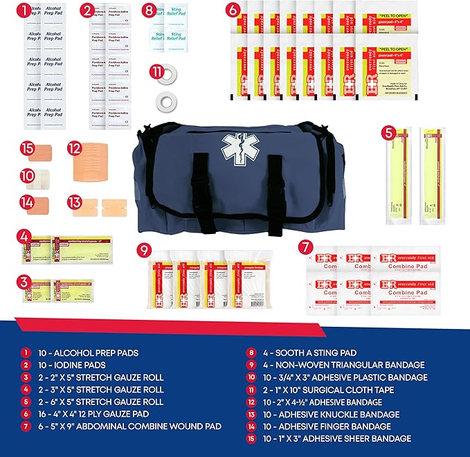 First Responder Trauma First Aid Kit Bag ??Fully Stocked Emergency Medical Kit for Workplace, Vehicle & Home ??OSHA & ANSI Compliant ??Portable ??Blue