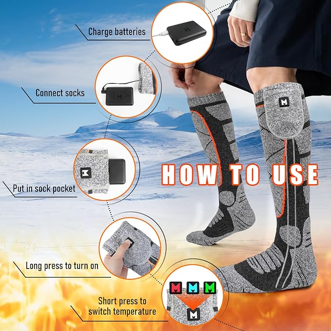 Heated Socks, 5V 6000mAh Rechargeable Heated Socks for Men & Women, Electric Socks with 3 Heating Levels for Winter, Skiing, Hunting, Camping, Hiking, Cycling, Outdoor Work