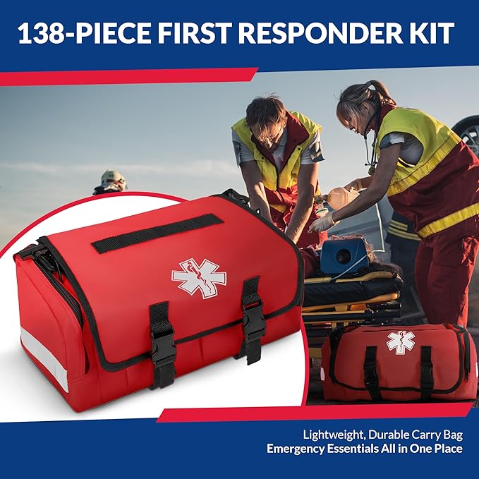 First Responder Trauma First Aid Kit Bag ??Fully Stocked Emergency Medical Kit for Workplace, Vehicle & Home ??OSHA & ANSI Compliant ??Portable ??Red