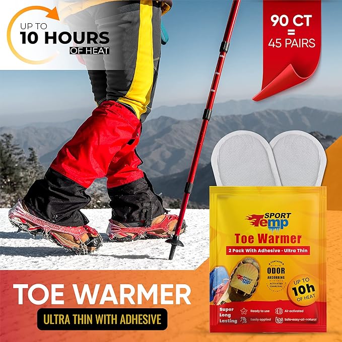 Toe Warmers - Up to 10 Hours of Heat, Easily Apply with Adhesive - Ultra Thin, Easy, All Natural - Air Activated, Odorless Hot Toe Warmers - Sport Temp