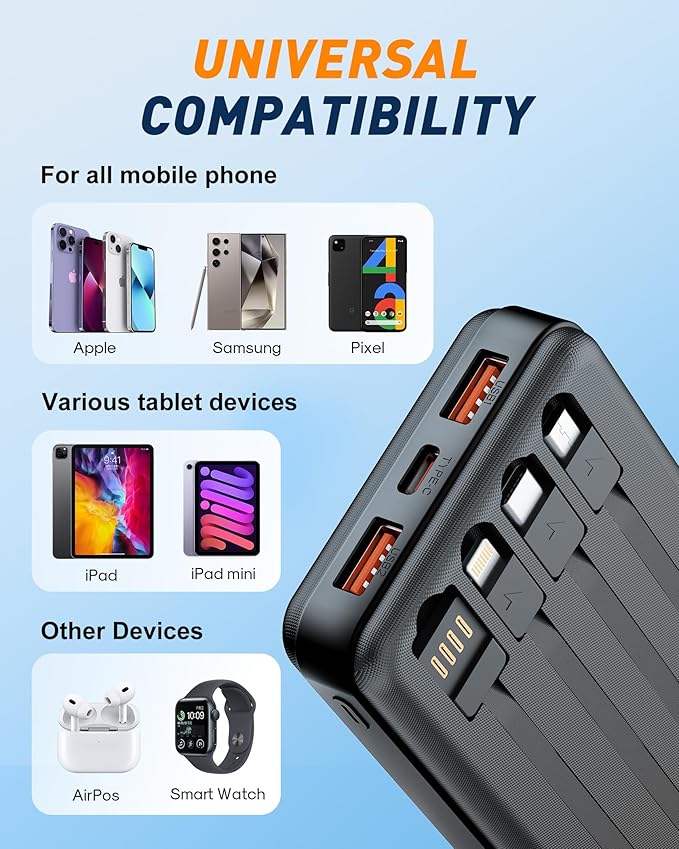 BEESHOP Portable Charger Power Bank - 37000mAh Portable Battery with 4 Built-in Cables, 22.5W Fast Charging Battery Pack Bank Compatible with iPhone 16 15 14 13 Android Samsung Phone etc(1 Pack)
