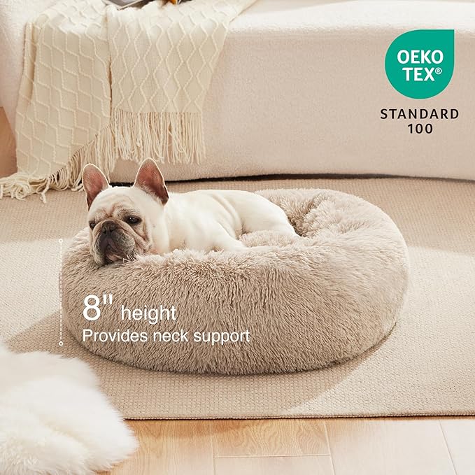 Love's cabin Calming Dog & Cat Bed, Cat Bed for Indoor Cats, Anti-Anxiety Donut Round Bed, Fluffy Warming Pet Bed for Small Medium Dogs and Cats, Beige Taupe 20"/24"