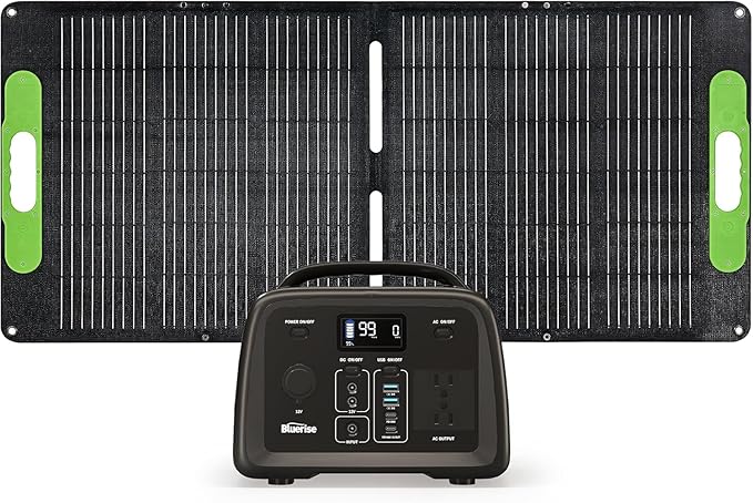 BLUERISE Solar Generator 320Wh Portable LiFePO4 Power Station with Foldable Solar Panels 60W with 2 AC Outlet 110V/300W Solar Mobile Battery Packup for Camping Hunting Home Emergency
