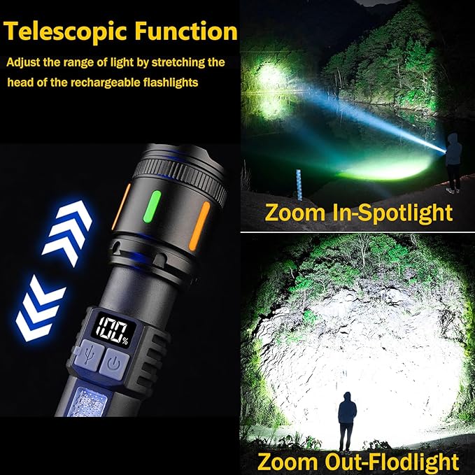 ailight Flashlights High Lumens Rechargeable, High Lumens Super Bright Flashlight with LCD Digital Display, Zoom, 5 Modes, IPX6 Waterproof, Powerful Tactical Flashlight for Emergencies, Camping