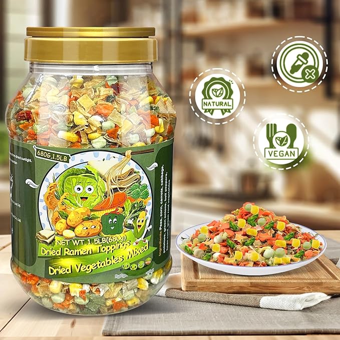 24Oz Mixed Ramen Toppings Dehydrated Soup, 680g All Natural Vegetable, 9 Freeze Dried Veggies for Noodles, Soups, Camping, and Emergency Food, Dry Vegetable Flakes, No Additives