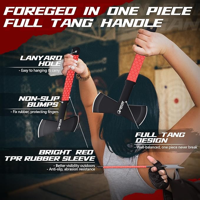 Dream Reach Throwing Axe Set - 3PCS Full Tang Handle Double Sided Throwing Hatchets with TPR Rubber Sleeve and Protective Sheaths for Recreation and Competition