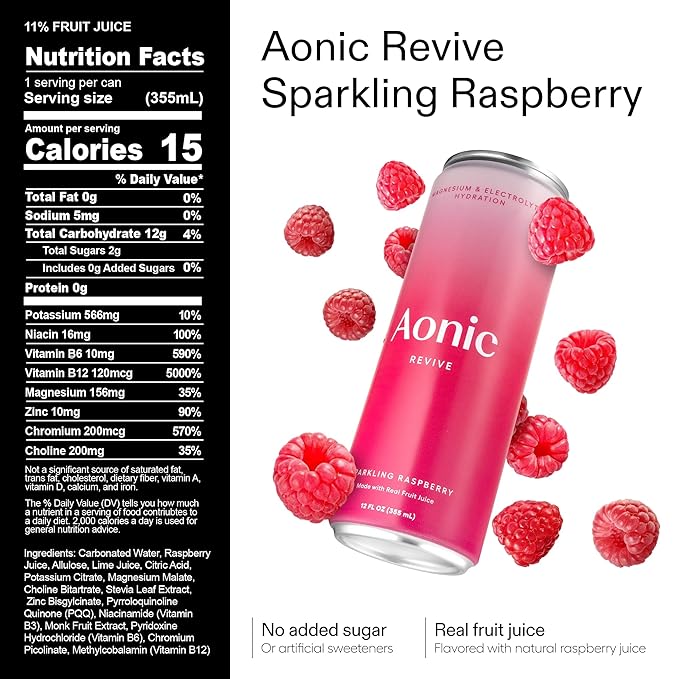 Aonic Revive Electrolyte Drink for Hydration & Recovery, No Added Sugar, Caffeine-Free with Magnesium,B Vitamins Naturally Flavored- 12 Fl Oz Cans (12-Pack), Variety - Pineapple, Raspberry, Orange & Passionfruit