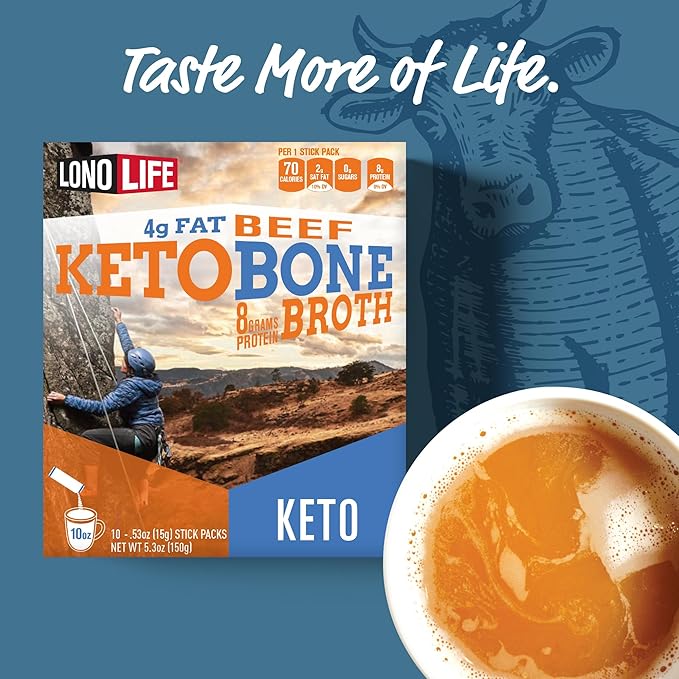 LonoLife Keto Beef Bone Broth Powder Mix | Grass-Fed, 10g Protein | Collagen-Rich, Keto & Paleo Friendly | Natural Ingredients | 24 Portable Stick Pack Servings