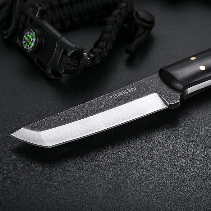 Perkin Handmade Fixed Blade Hunting Knives with Sheath-Full Tang Bushcraft Fixed-Blade Tanto Knives for Outdoor, Camping, Survival Tactical, Fighting, Hiking, Skinning, Hunter-Unisex Adults