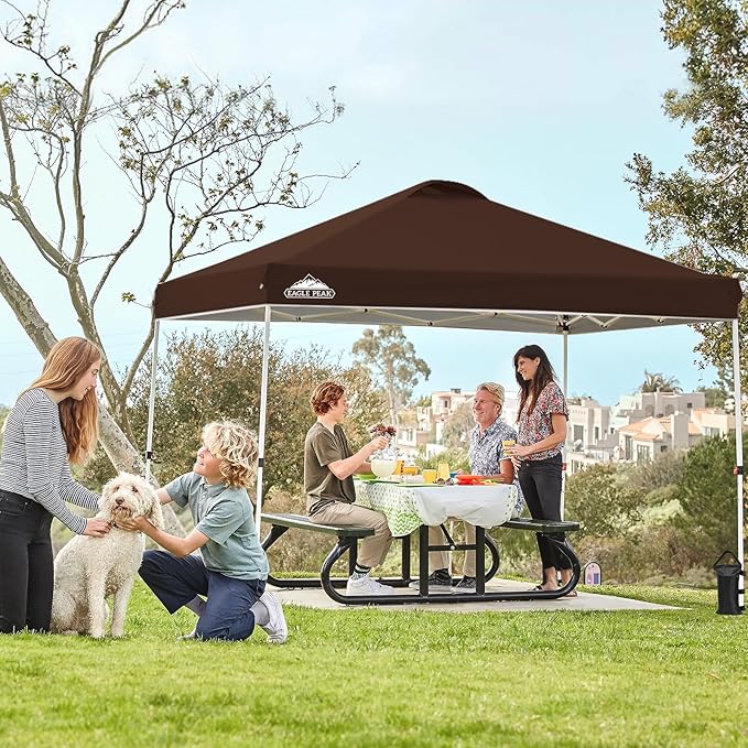 EAGLE PEAK Pop Up Canopy Tent with Wheeled Carry Bag, 8 Stakes, 4 Ropes, 4 Weight Bags, Easy Set Up Tent Canopy, 10x10 ft, 100sqft of Shade,Brown