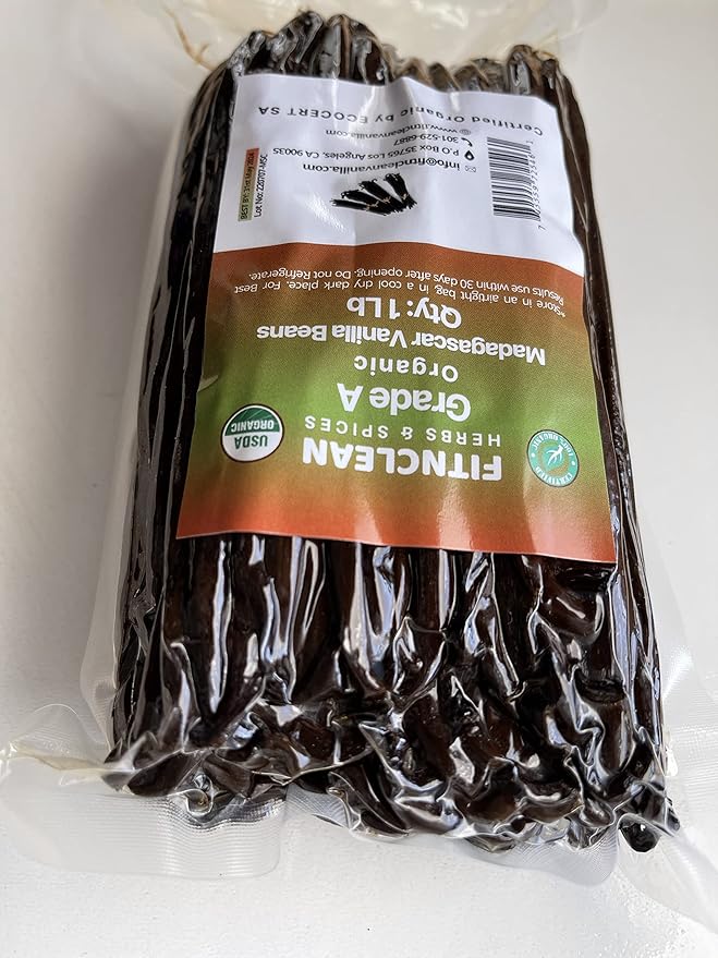 16oz Organic Vanilla Beans Grade A Madagascar Bourbon. Certified USDA Organic. Bulk 6"-8" for Extract, Baking and Cooking by FITNCLEAN VANILLA| 1 Pound (1 LB) Fresh NON-GMO Whole Gourmet Pods