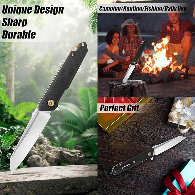 FLISSA Folding Pocket Knife, EDC Knife with D2 Steel Blade and G10 Handle, Pocket Clip, Suitable for Camping, Hiking, Fishing, Daily Use, Outdoor Activities(Black)