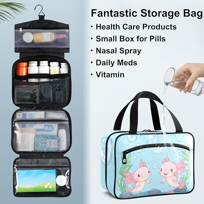 Fustylead Cute Pink Axolotl and Seaweed Bubbles Pill Organizer Bag Large Medicine Travel Carrying Case with Zipper for Vitamin Supplements Fish Oil, Empty First Aid Kit for Hiking Camping