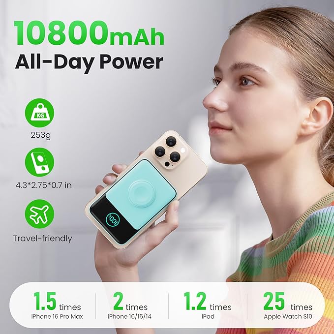 Magnetic Portable Charger for iPhone, 3-in-1 10800mAh Qi2 15W Wireless Power Bank with iWatch Charger,30W PD Fast Charging USB-C LCD Display Battery Pack for Magsafe,iPhone 17/16/15/14/13, Apple Watch