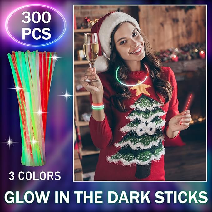 Hanaive 300 Pcs Glow Sticks Bulk 8 Inch Glow in The Dark Party Favors Neon Bracelets and Necklaces Light up Sticks with Connectors for Holiday Birthday Party Supplies(Red, Green, White)