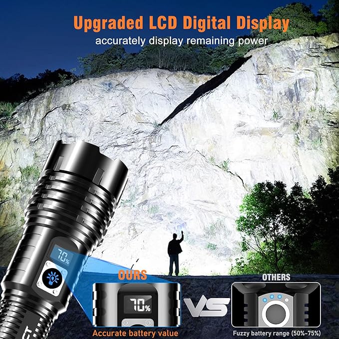 Flashlight 2000 High Lumens Rechargeable - LED Flash Light with LCD Display XHM77.2 Super Bright Police Powerful Linterna | 5 Modes & Adjustable Focus | IP67 Waterproof for Emergency Camping