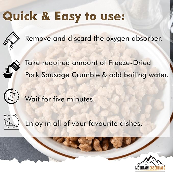 MOUNTAIN ESSENTIALS Freeze-Dried Pork Sausage Crumble ??Fully Cooked & Ready to Eat | Traditional Flavor | Premium Quality Everyday Meals, Camping & Emergency Survival Food | 10 Servings | Made in USA | 7-Year Shelf Life