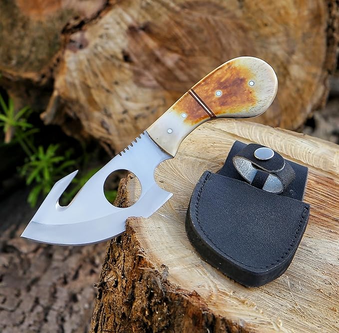 METAL OF HONOR Fixed Blade Knife, All in One Skinning Knife with Gut-Hook, for Hunters and Outdoors Enthusiasts with Sheath,Full Tang handmade knife with Bone Handle