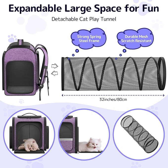 Pawtners Cat Backpack Carrier, Large Space Dog Backpack with Breathable Mesh, Expandable Pet Carrier Backpack for Small Medium Kitten Puppy Up to 18 Lbs, Suitable for Travel Hiking Camping Shopping