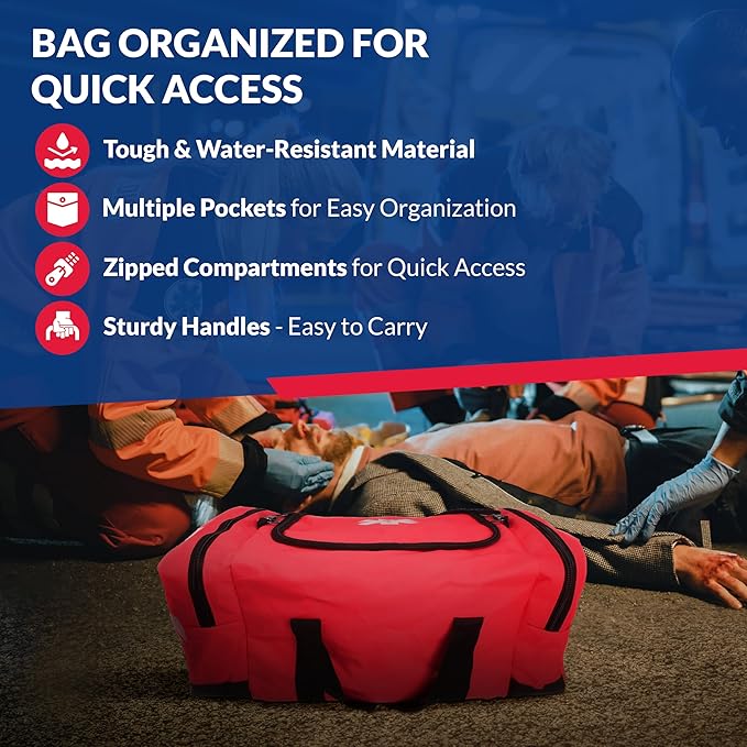 Fully Stocked Trauma First Aid Kit ??First Responder II Bag with Tools, Gauze, Bandages, Scissors & Gloves ??Compact & Portable ??OSHA and ANSI Compliant ??Red