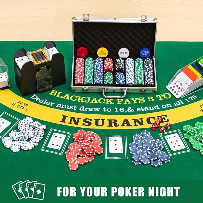 Aoriher Blackjack Casino Game Set, Include 300 Poker Chips, Casino Felt 1 Automatic Card Shuffler 6 Deck Dealer Shoe Discard Holder Tray Aluminum Case for Texas Holdem Blackjack Poker(Green)