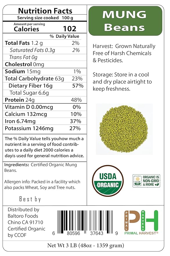 Whole dried Organic Mung Beans aka 'Green Gram' 'Maash' 'Moong' Prewashed Clean Ready to Cook non GMO