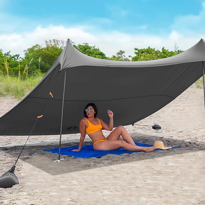 Red Suricata Family Beach Parasol - Sun Shade Canopy | UPF 50 UV Protection | Tent with 4 Aluminium Poles, 4 Pole Anchors, 4 Sandbag Anchors | Large & Portable Shelter Tarp