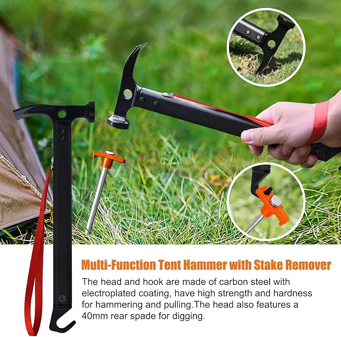 Eurmax USA Hiking Camping Tent Stakes and Hammer Set Lightweight Multi-Function Tent Hammer with Tent Stake Remover,Tent Pegs for Camping, Hiking, Backpacking, Gardening(Orange Stopper Stakes)