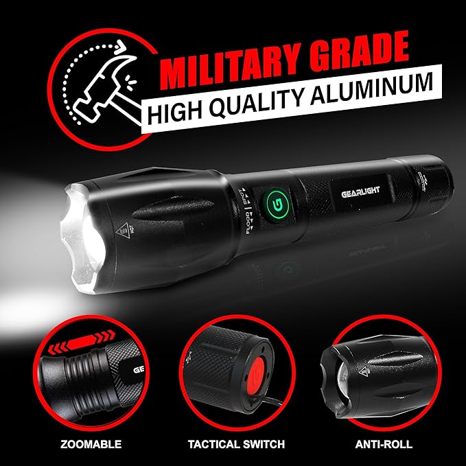 GearLight S1000 LED Tactical Flashlight - High Lumens, USB-C Fast Charging, Dual-Button, IPX4 Water-Resistant, Pocket-Sized for Camping & Emergencies with Batteries - 2 Pack, (Rechargeable)