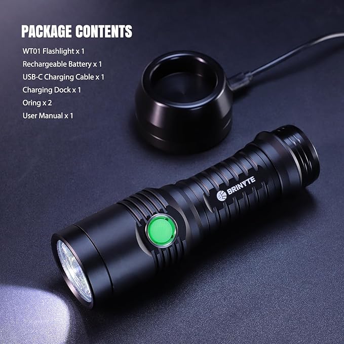 Brinyte WT01 2700 Lumens Ultra-Bright Rechargeable Flashlight with Charging Dock, High Lumens LED Power Outage Flash Light Handheld Light for Homeuse, Outdoor, Searching, Camping and Emergency