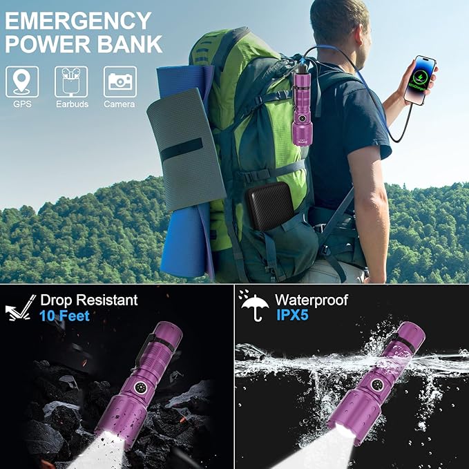 Flashlights High Lumens Rechargeable, Super Bright Long Range Small Powerful Flashlight, 6 Modes LED Tactical Pocket Waterproof Flash Light for Home Emergency (2, Purple)