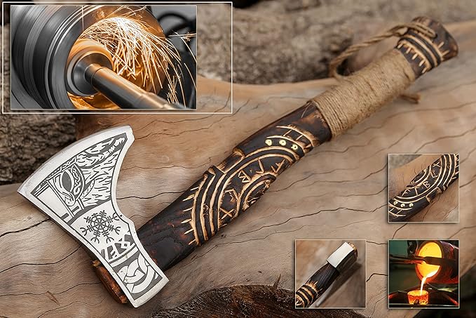 19” Hand Forged Viking Axe- Rose Wood Shaft Engraved Carbon Steel Bearded Axe for Camping- Viking Gift for Men(Norse Viking Axe)