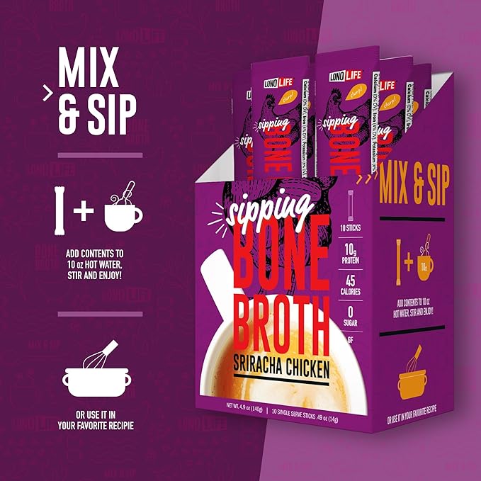 LonoLife Sriracha Chicken Bone Broth Powder Mix | 10g Protein | Collagen-Rich, Keto & Paleo Friendly | Natural Ingredients | 10 Portable Stick Pack Servings