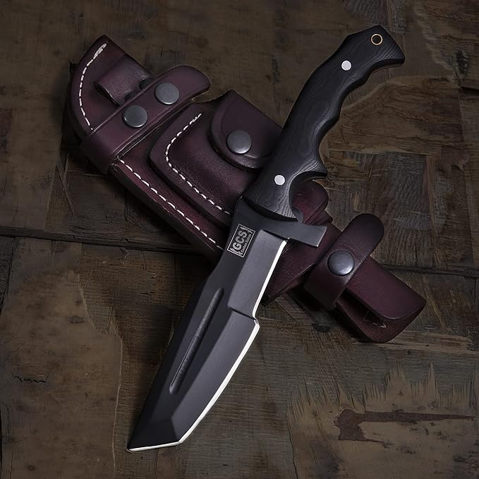 GCS Handmade D2 steel Hunting Knife G10 Handle Fixed Blade Knife Right Hand Scout Carry Buffalo leather Sheath and Sharpening Stone for Hunting Camping Survival and EDC