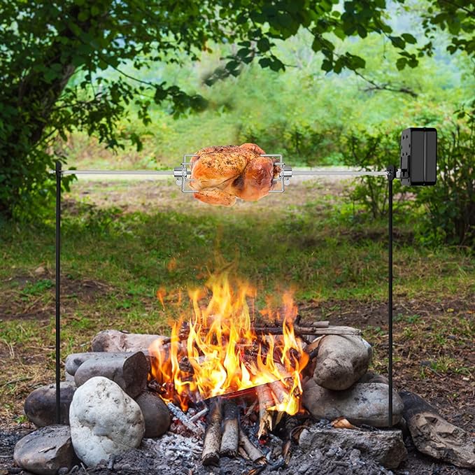 only fire Spit Rotisserie for Outdoor Campfire Grilling, Over Fire Camp Grill with 35×5/16" Square Spit Rod
