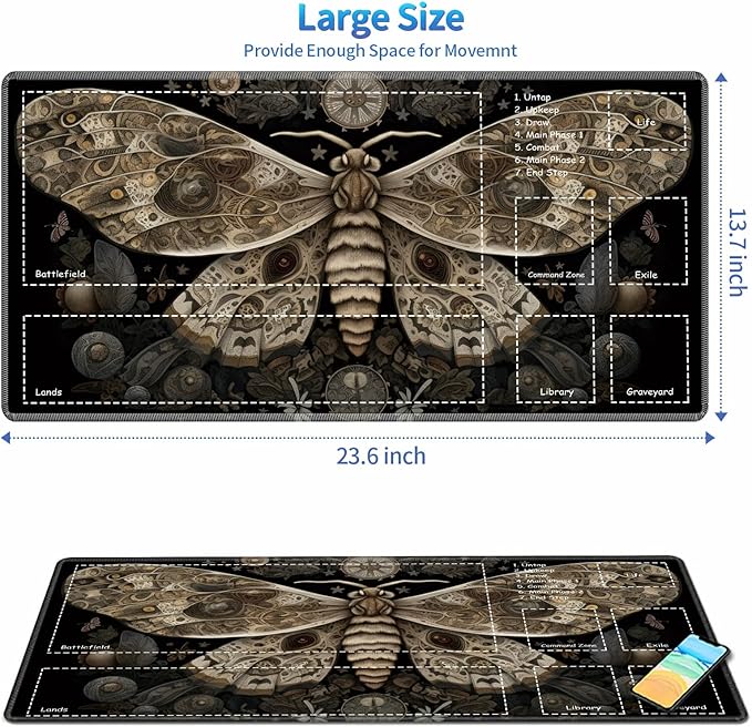 Playmat for MTG with Zones, 24 x 14 inches Game Play Mat for MTG TCG, Trading Card Game Play Mat Desk Mats with Stitched Edges Non-Slip Base, Moth